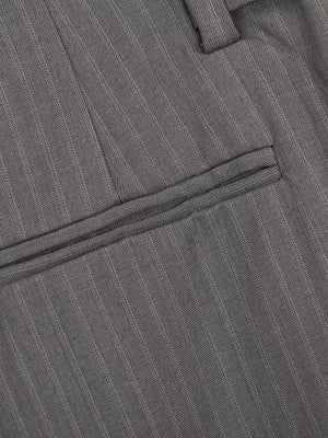 Grey pinstripe sweatpants with a buttoned detail and a welt pocket.