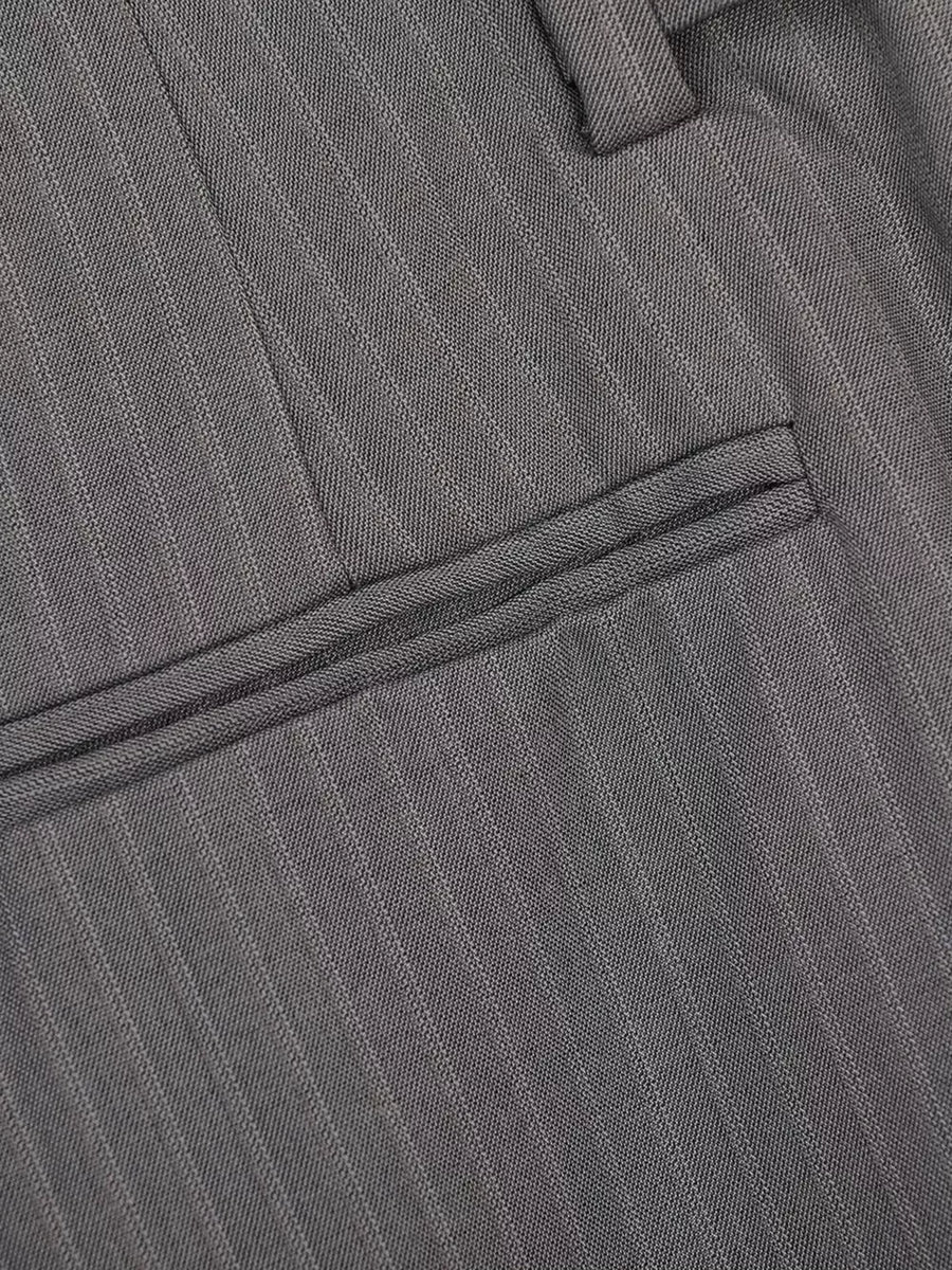 Grey pinstripe sweatpants with a buttoned detail and a welt pocket.