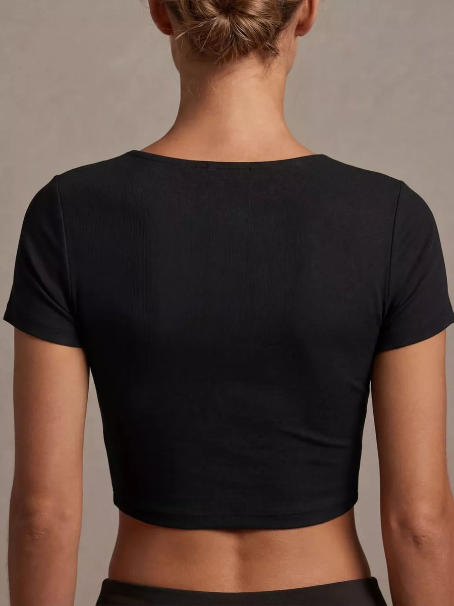 Black ribbed twist-front V-neck cropped t-shirt with short sleeves