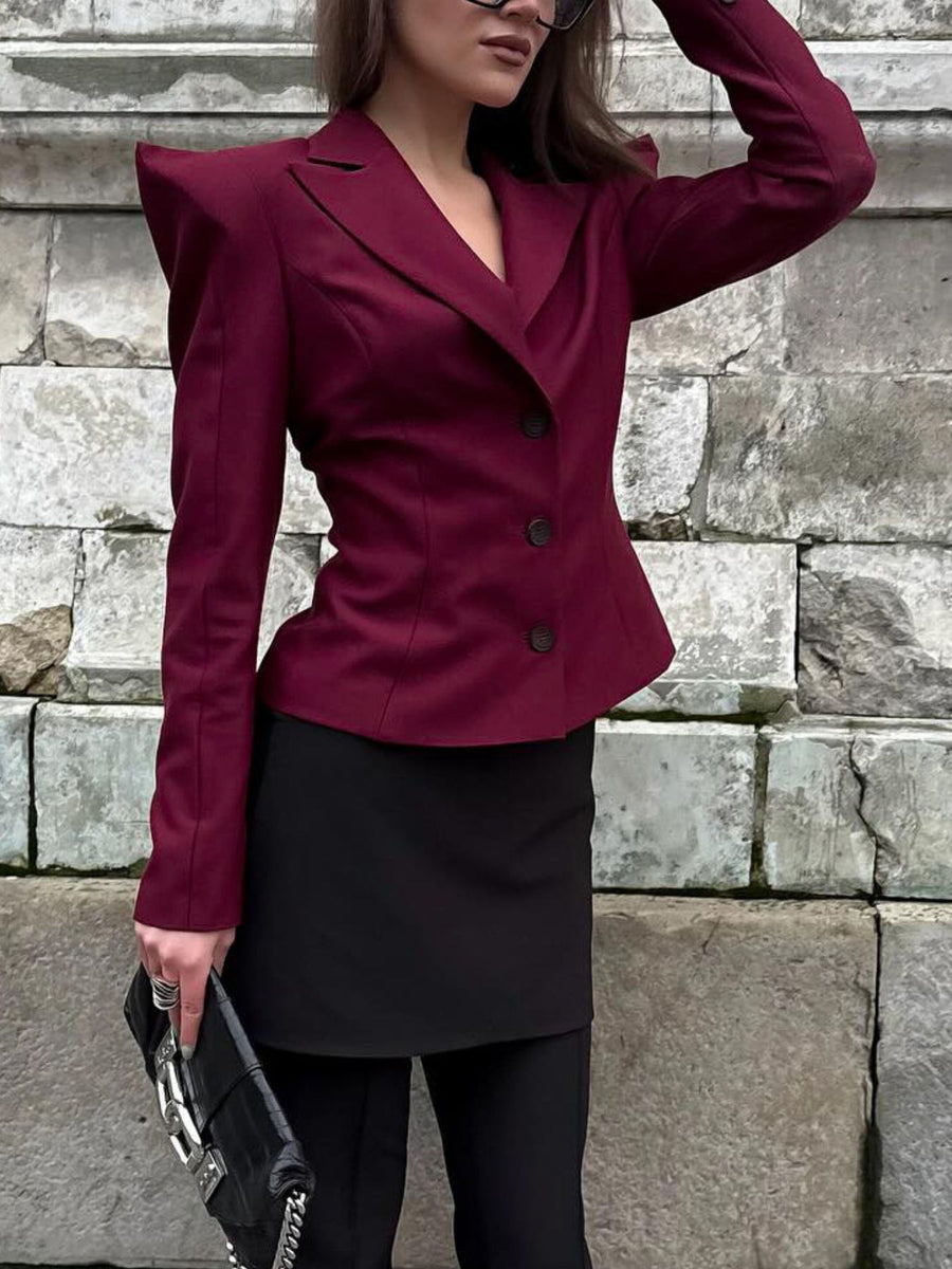 Sharp-Shouldered Tailored Long Sleeve Blazer in Black with sharp shoulders