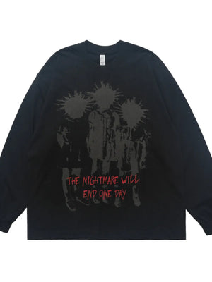 Black cotton long sleeve tee with oversized fit and graphic print with text.