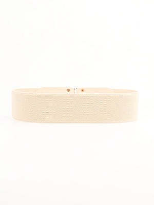 Cream elastic waist belt with double-D buckle detail