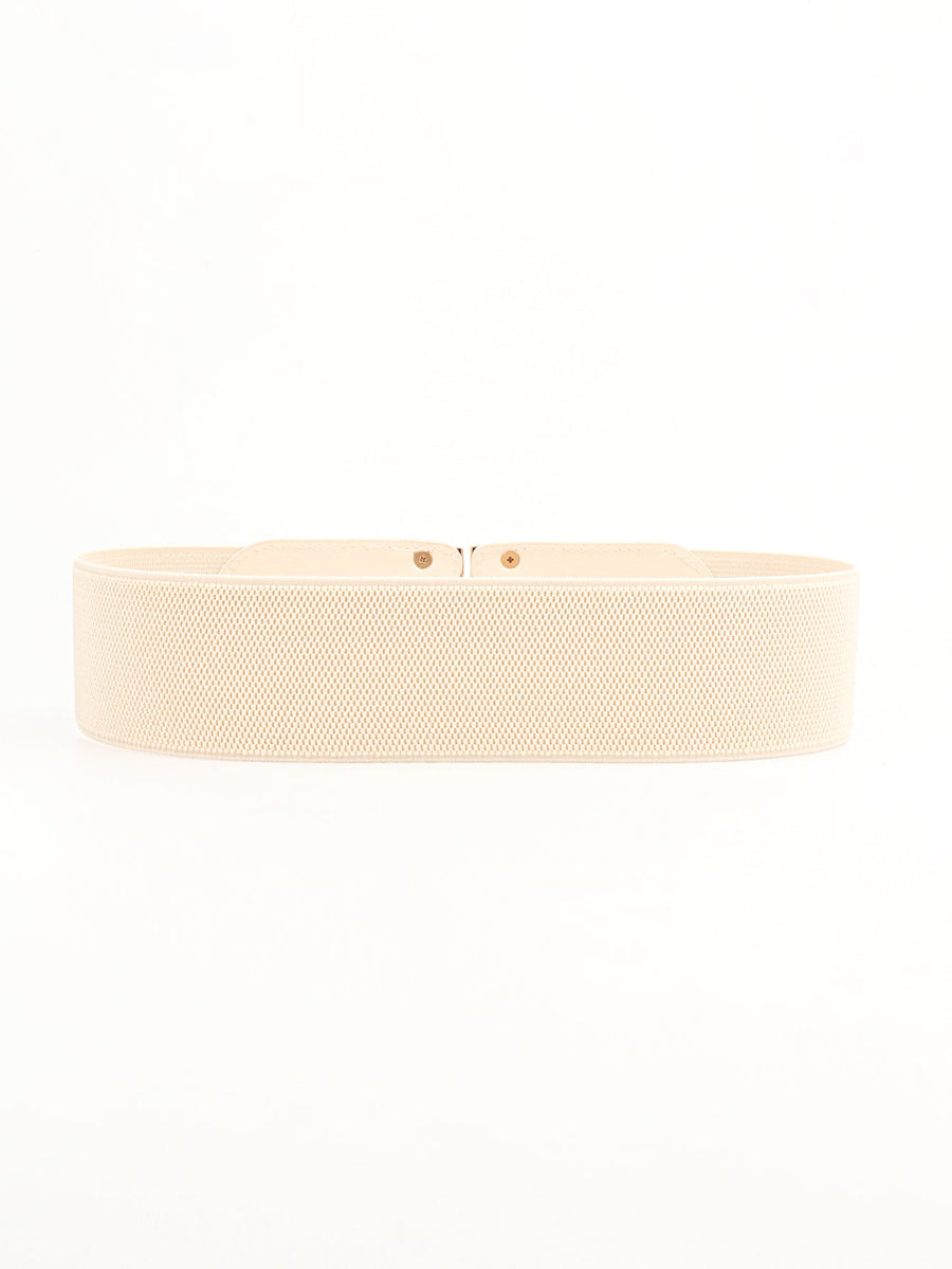 Cream elastic waist belt with double-D buckle detail