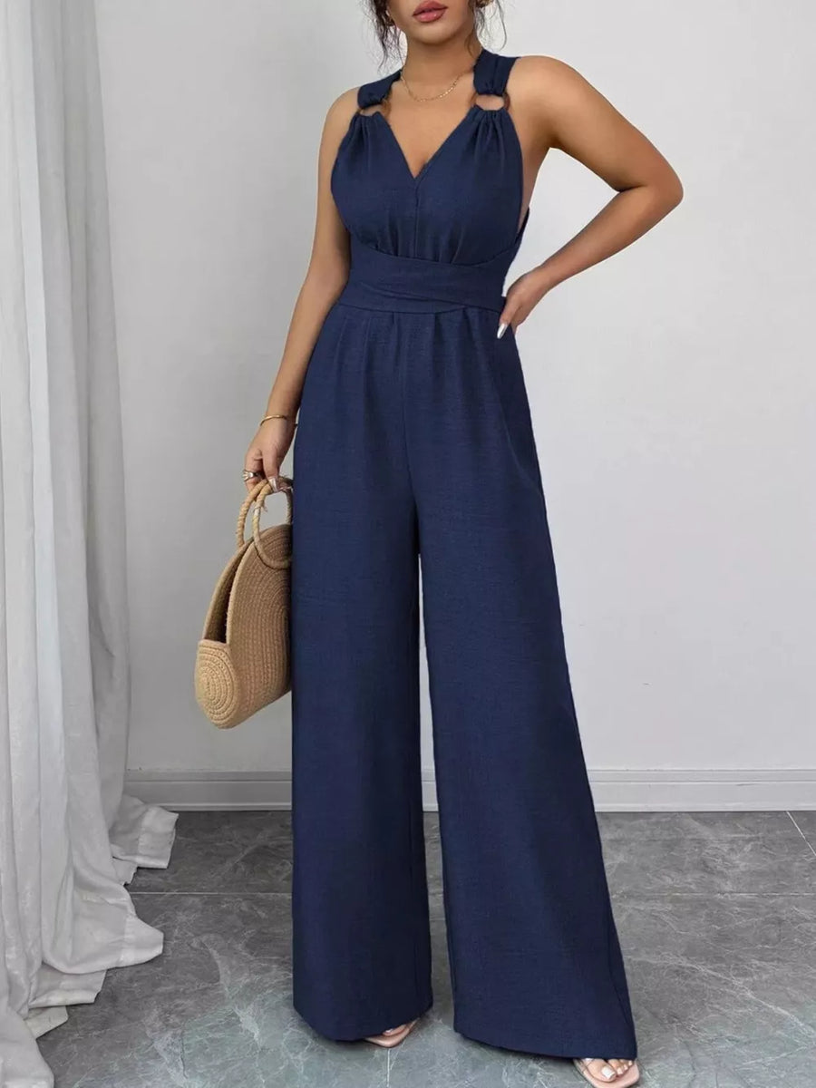 100% polyester Care instructions: Machine wash cold jumpsuit in Navy Blue with wide-leg silhouette