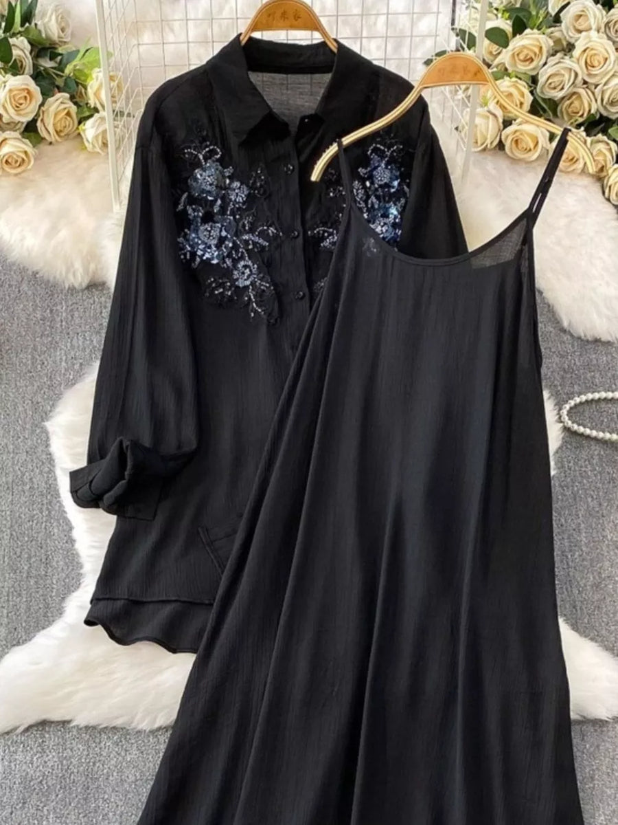 Black embroidered floral two-piece set with collared shirt and cami dress.