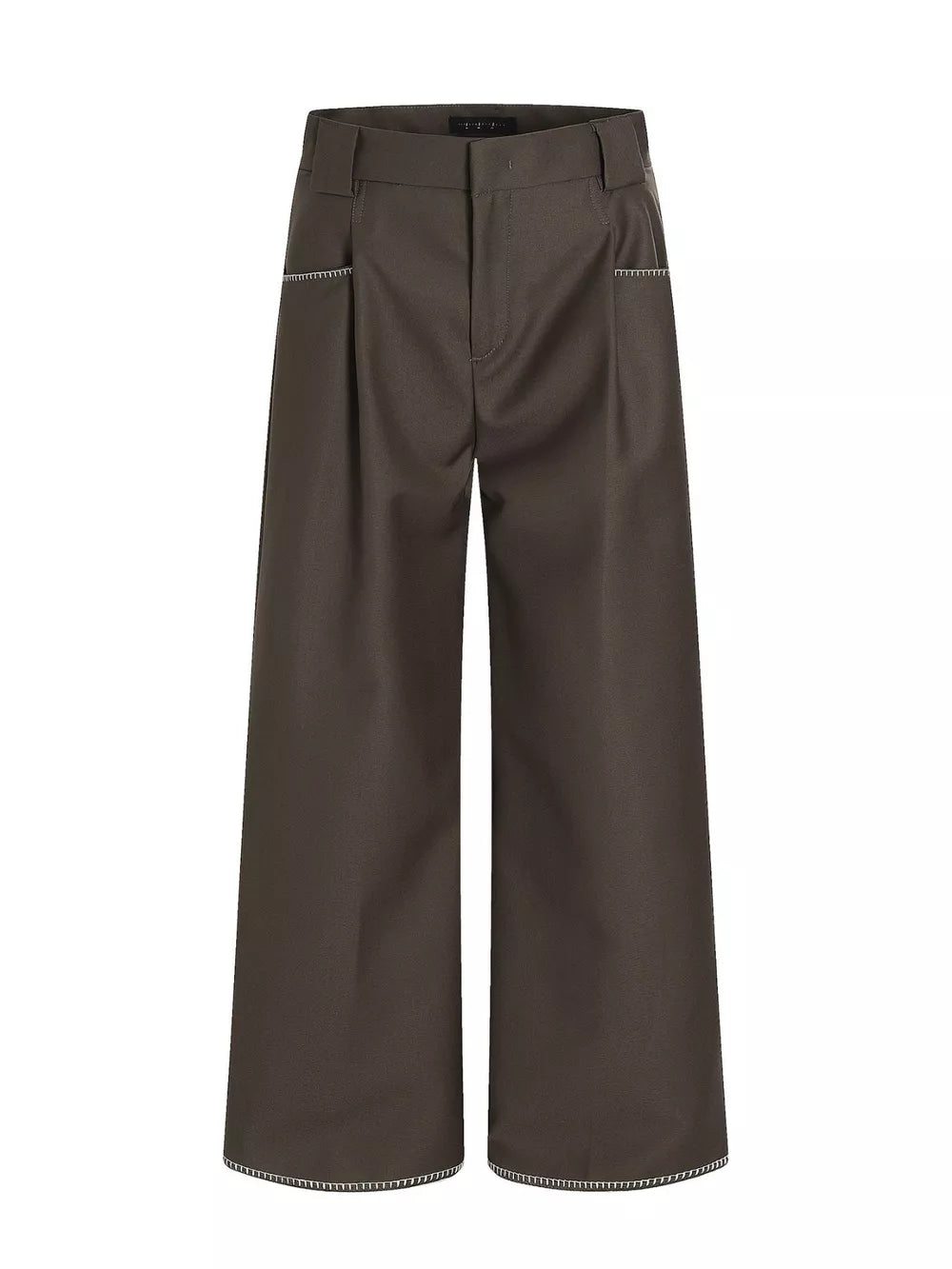 Brown relaxed fit wide-leg pants with decorative trim on pockets and hem.