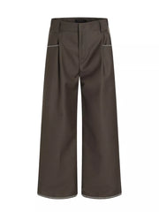 Brown relaxed fit wide-leg pants with decorative trim on pockets and hem.