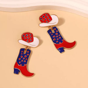 Western Charm dangle earrings with cowboy boot and hat charms in red, white, and blue polka dot design.