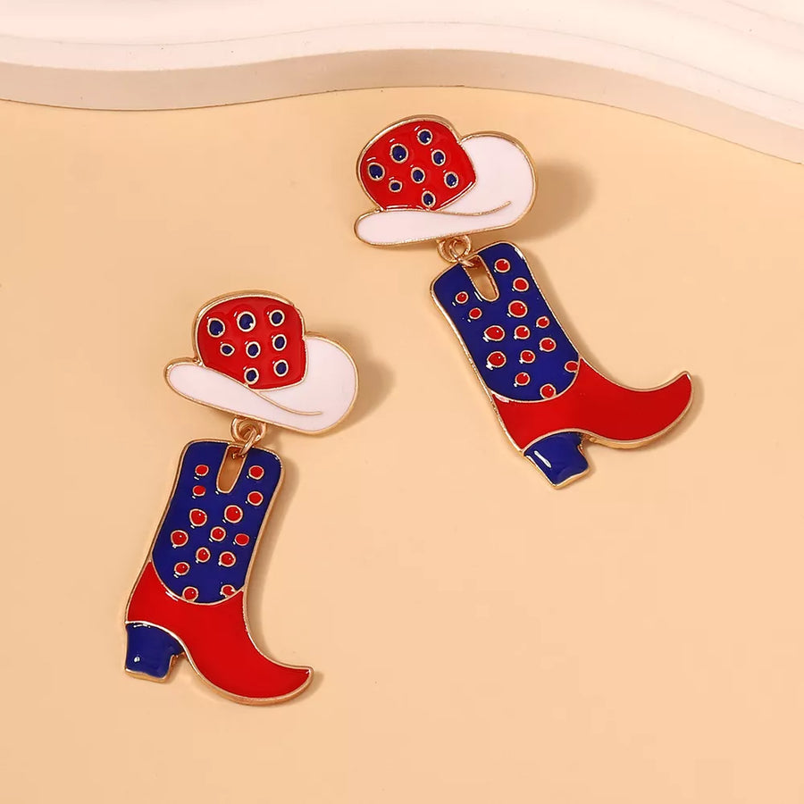 Western Charm dangle earrings with cowboy boot and hat charms in red, white, and blue polka dot design.