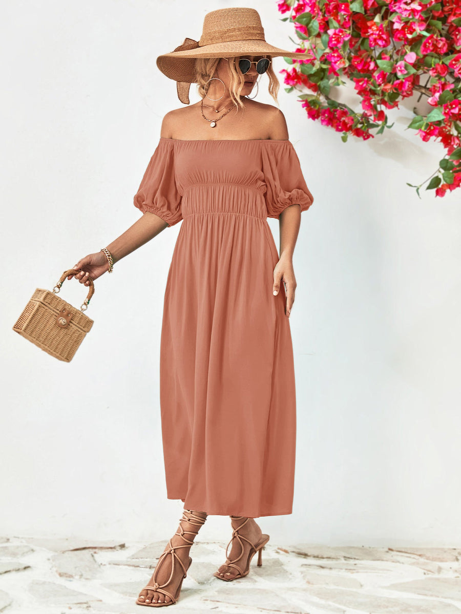 Dusty Pink off-shoulder midi dress with gathered bodice and balloon sleeves.