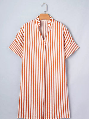 Striped V-neck shift mini dress with short sleeves and a relaxed fit.