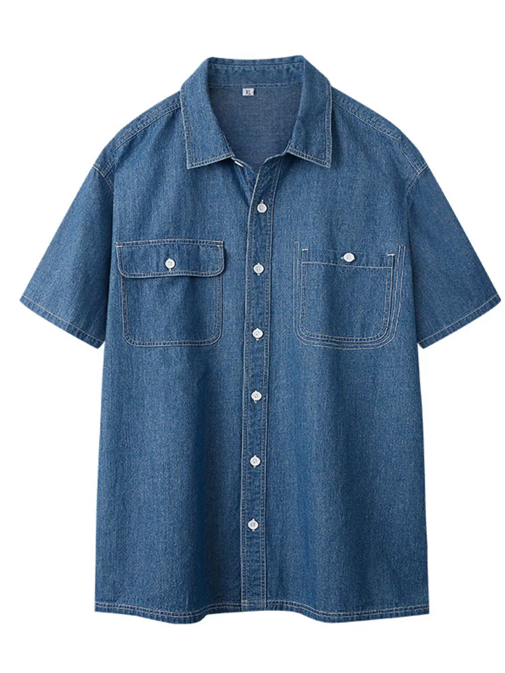 Dark blue denim button-up shirt with short sleeves and two chest pockets.