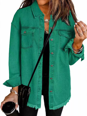 Light Blue denim jacket with raw hem and long sleeve