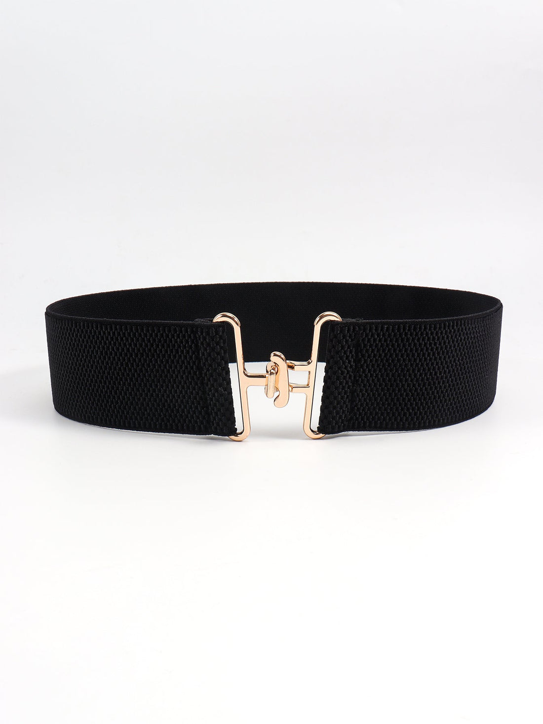 Black elastic belt with a gold sculpted buckle closure