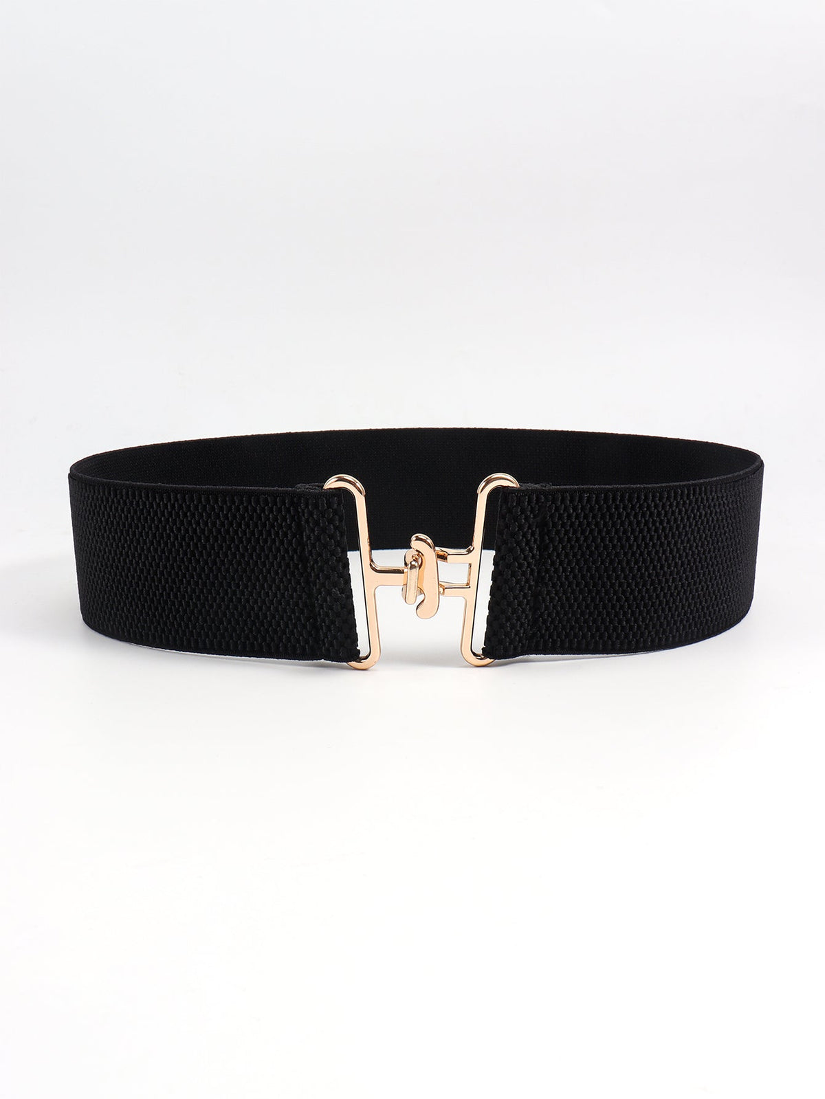 Black elastic belt with a gold sculpted buckle closure