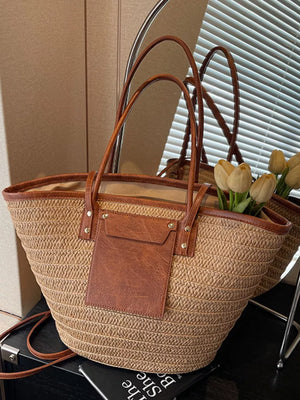 Khaki with Straw Woven Shoulder Bag With Leather Accents in Khaki