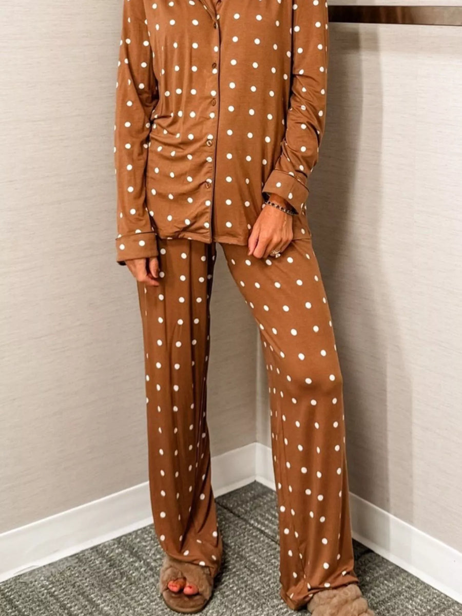 Caramel polka dot pajama set with button detail