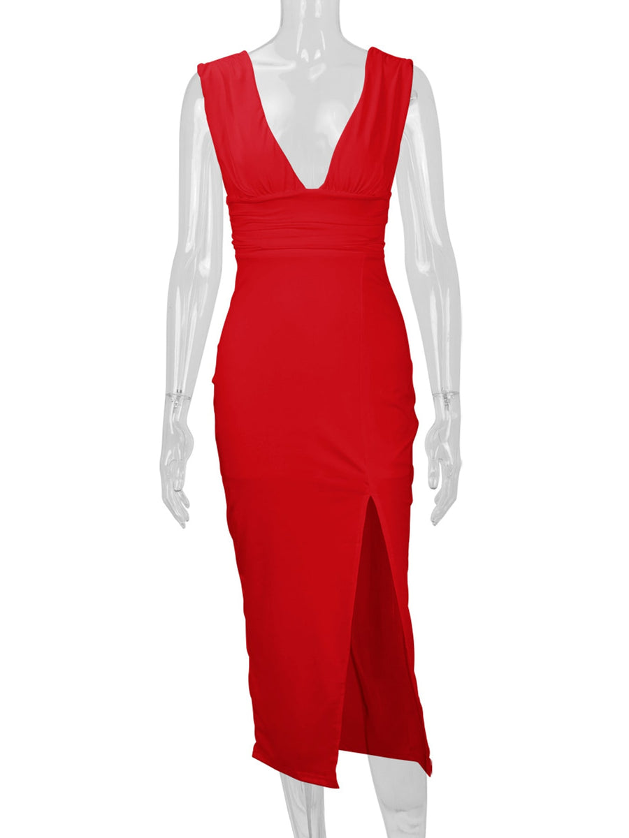Sleeveless Deep V-Neck Ruched Bodycon Dress in black with slit