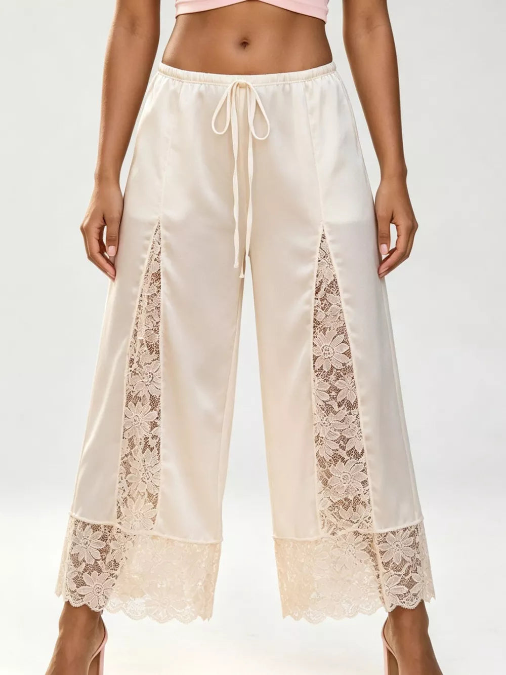 Lace Trim Wide-leg Cropped Pants in White