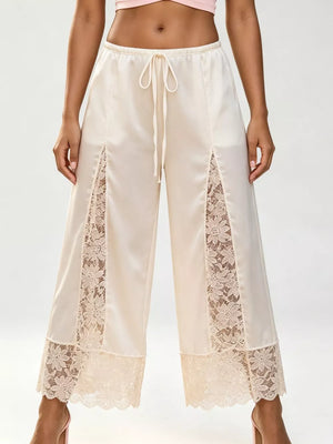 Lace Trim Wide-leg Cropped Pants in White