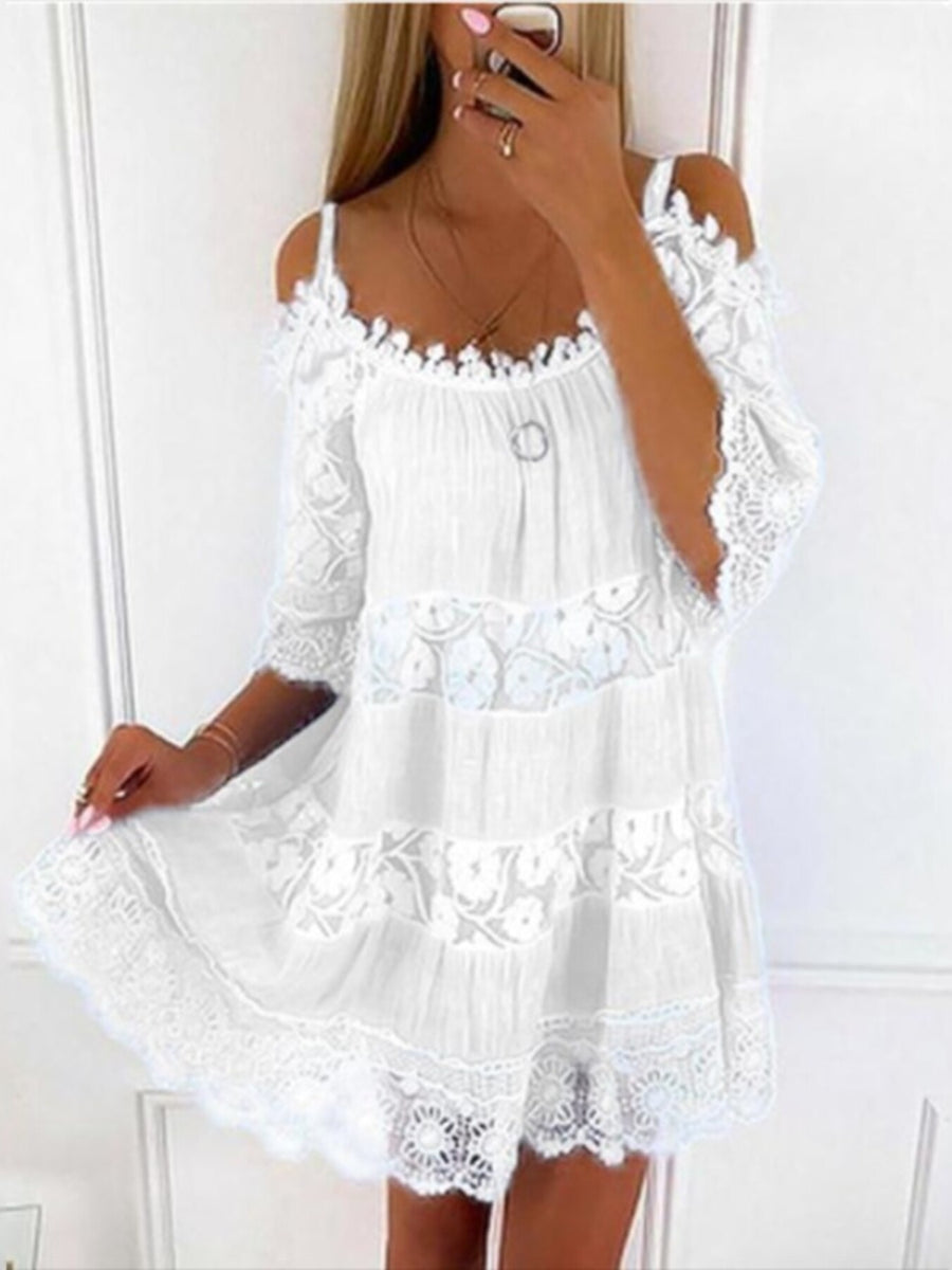 Bohemian Lace Cold Shoulder Mini Dress Plus Size in Yellow