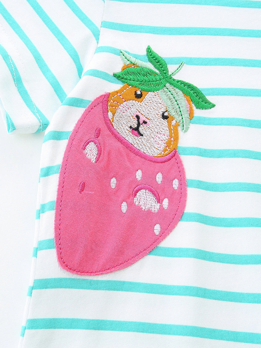 Baby dress with white and aqua stripes and a strawberry applique featuring a cute animal face.
