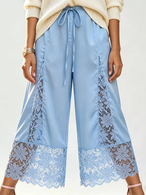 Lace Trim Wide-leg Cropped Pants in Green