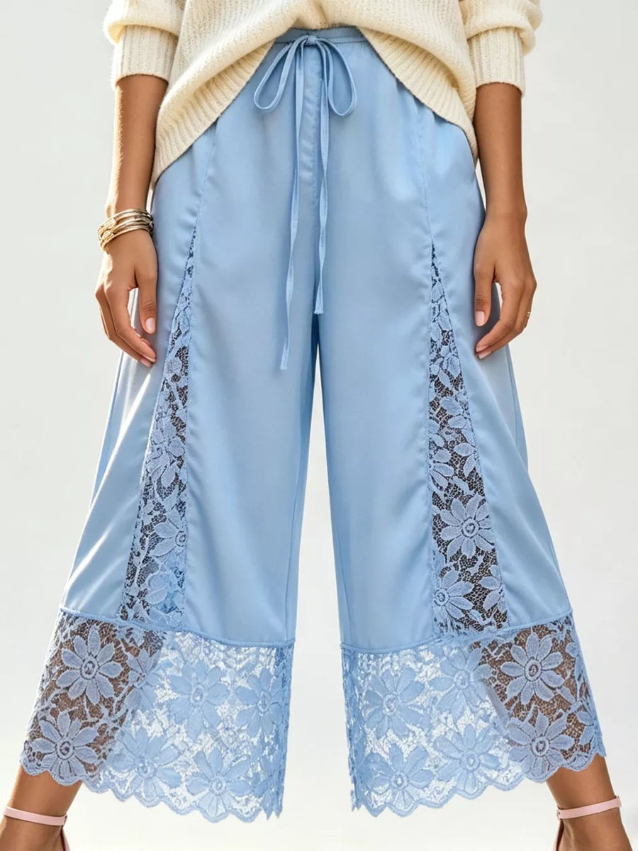 Lace Trim Wide-leg Cropped Pants in Green