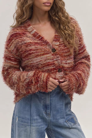 Fuzzy Striped Button Front Cardigan Sweater in Rust