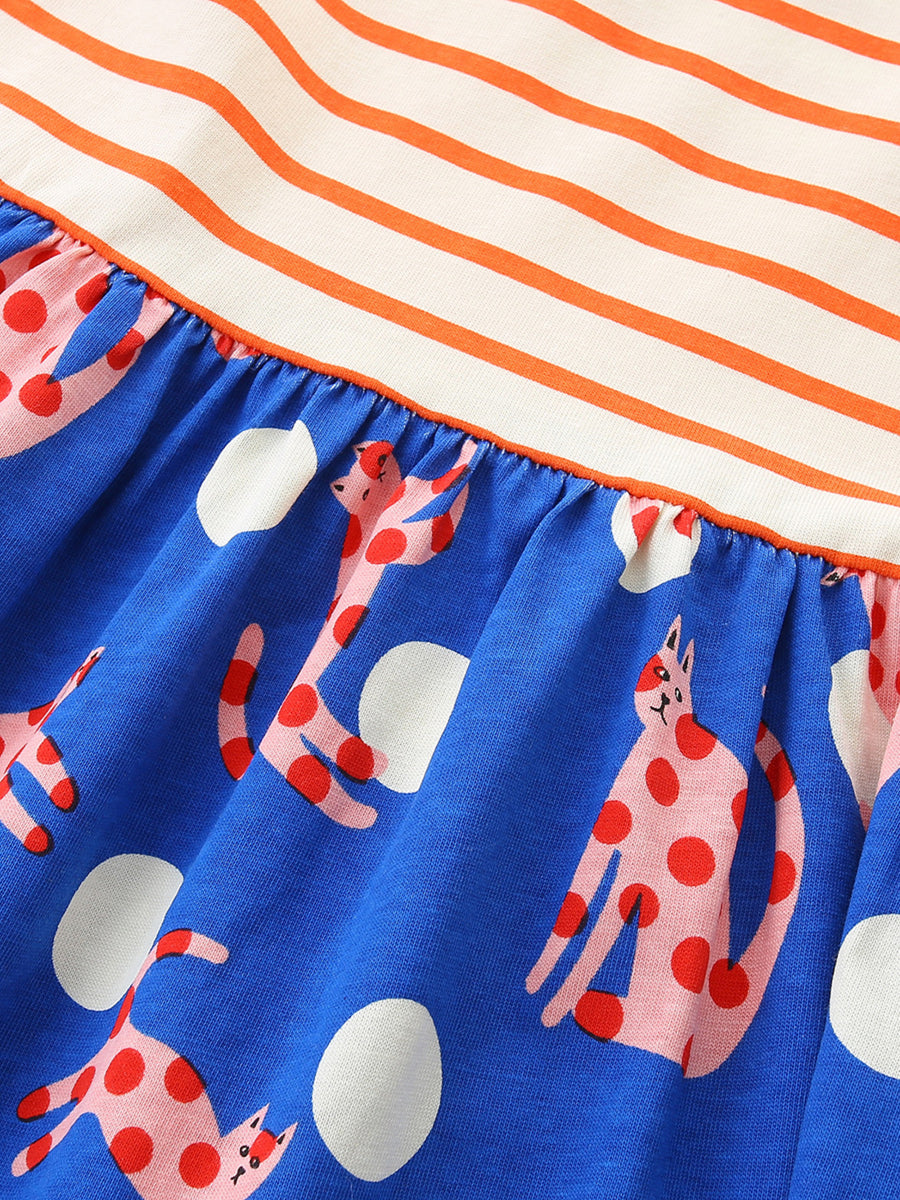 Toddler dress with orange and white stripes and a blue skirt with pink polka dot cats.