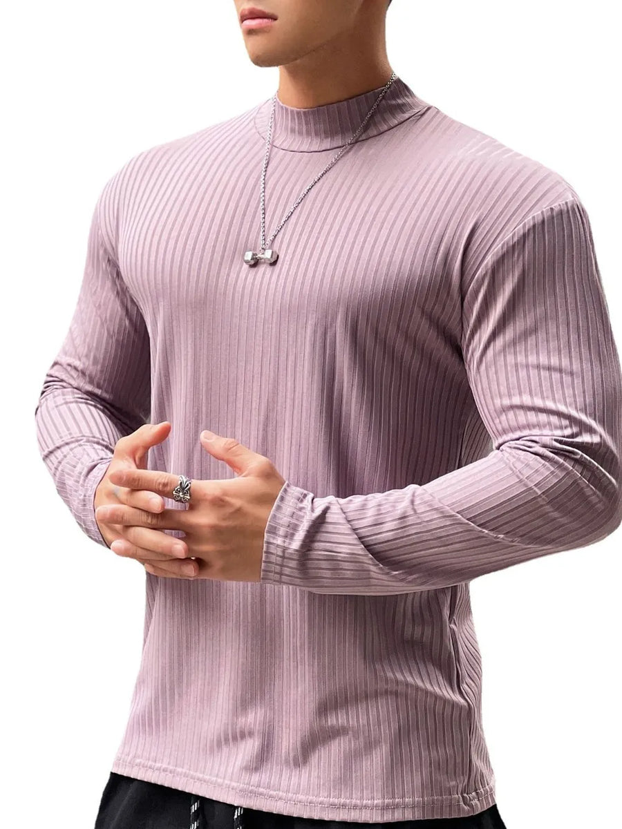 Lilac ribbed mock neck muscle fit long sleeve top with silver dumbbell pendant necklace.