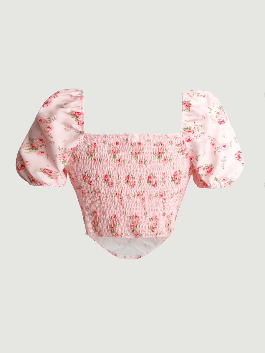 Pink floral smocked cropped blouse with puff sleeves and square neckline
