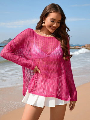 Hot Pink open-knit acrylic beach sweater with boat neck and long sleeves.