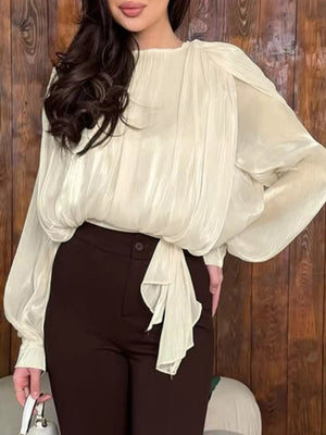 Beige with Metallic Sheen Blouse With Tie Detail in Beige