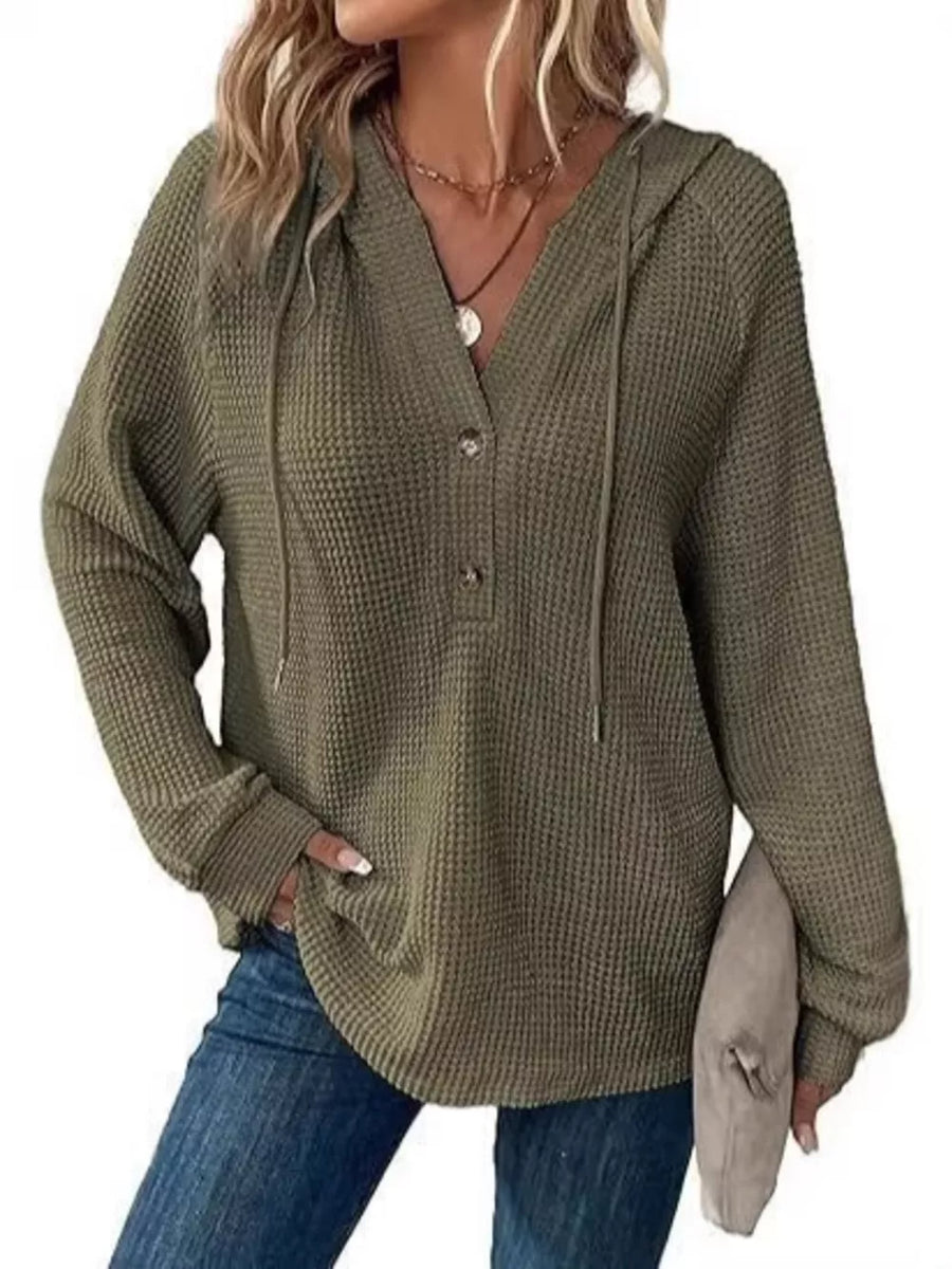 Brown Full Size Waffle Knit Half-button Hoodie Plus Size
