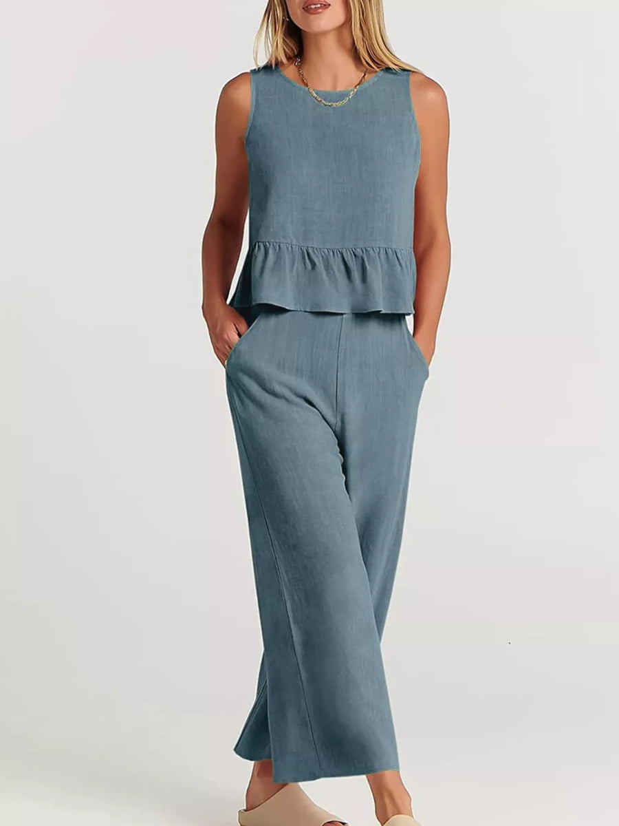 Army Green Ruffled Hem Sleeveless Top And Wide-leg Pants Set Plus Size