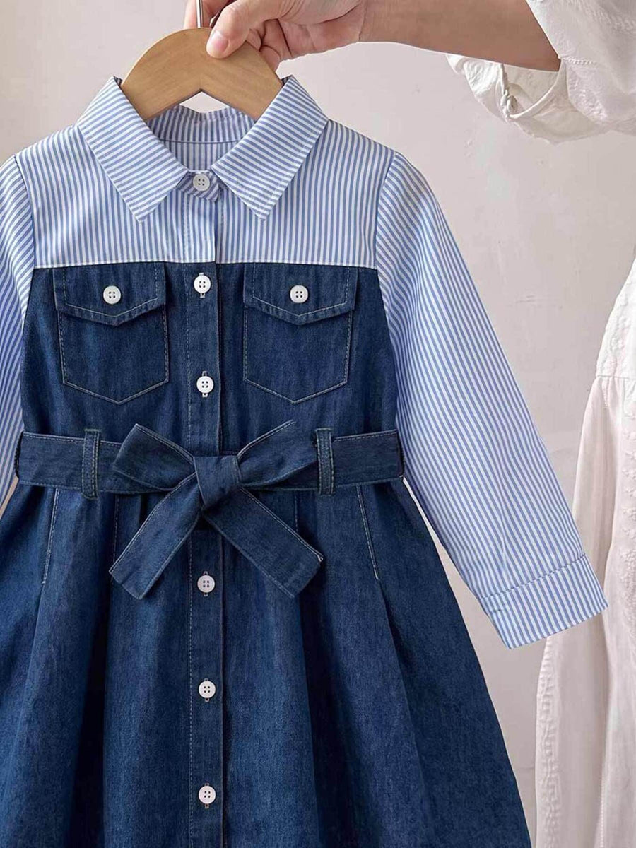 light blue shirt dress featuring buttoned and striped