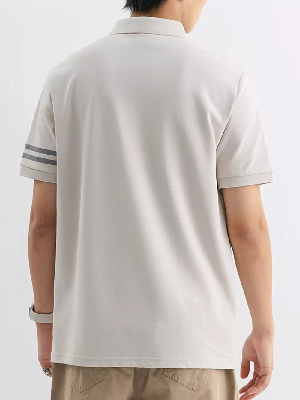 Light gray cotton polo shirt with striped sleeves for men, casual fit
