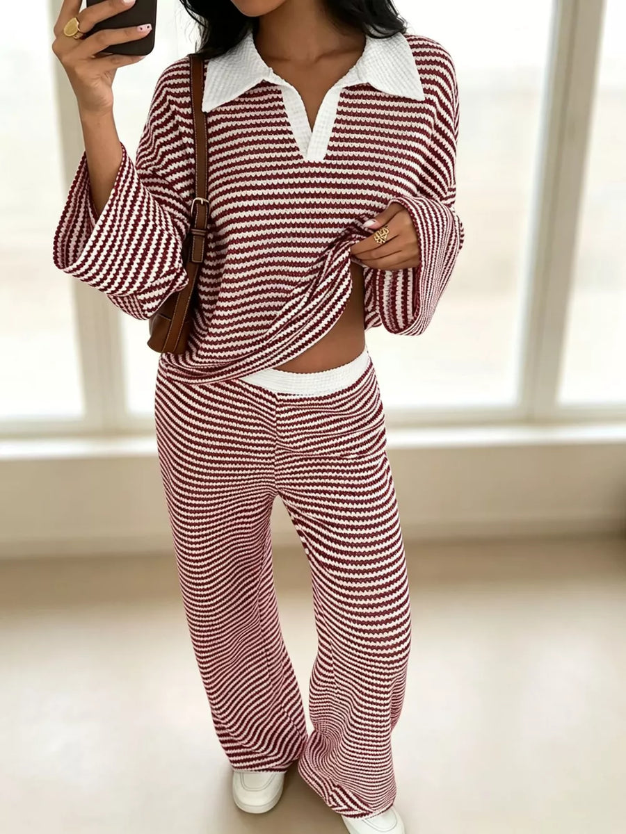 Green Striped Long Sleeve Polo And Wide-leg Pants Set