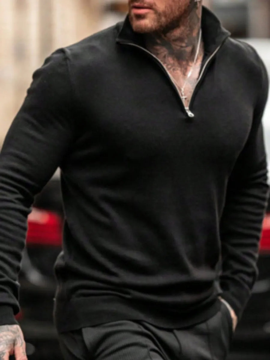 Black slim fit quarter zip sweater with silver zipper detail