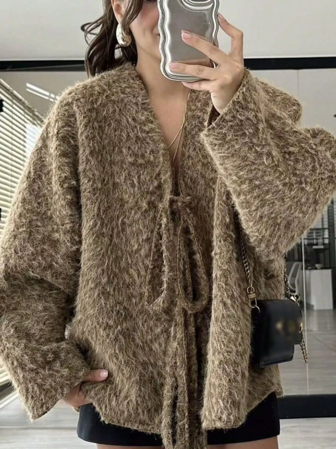 Textured knit tie-front cardigan in dark brown with a fuzzy, open-front design.