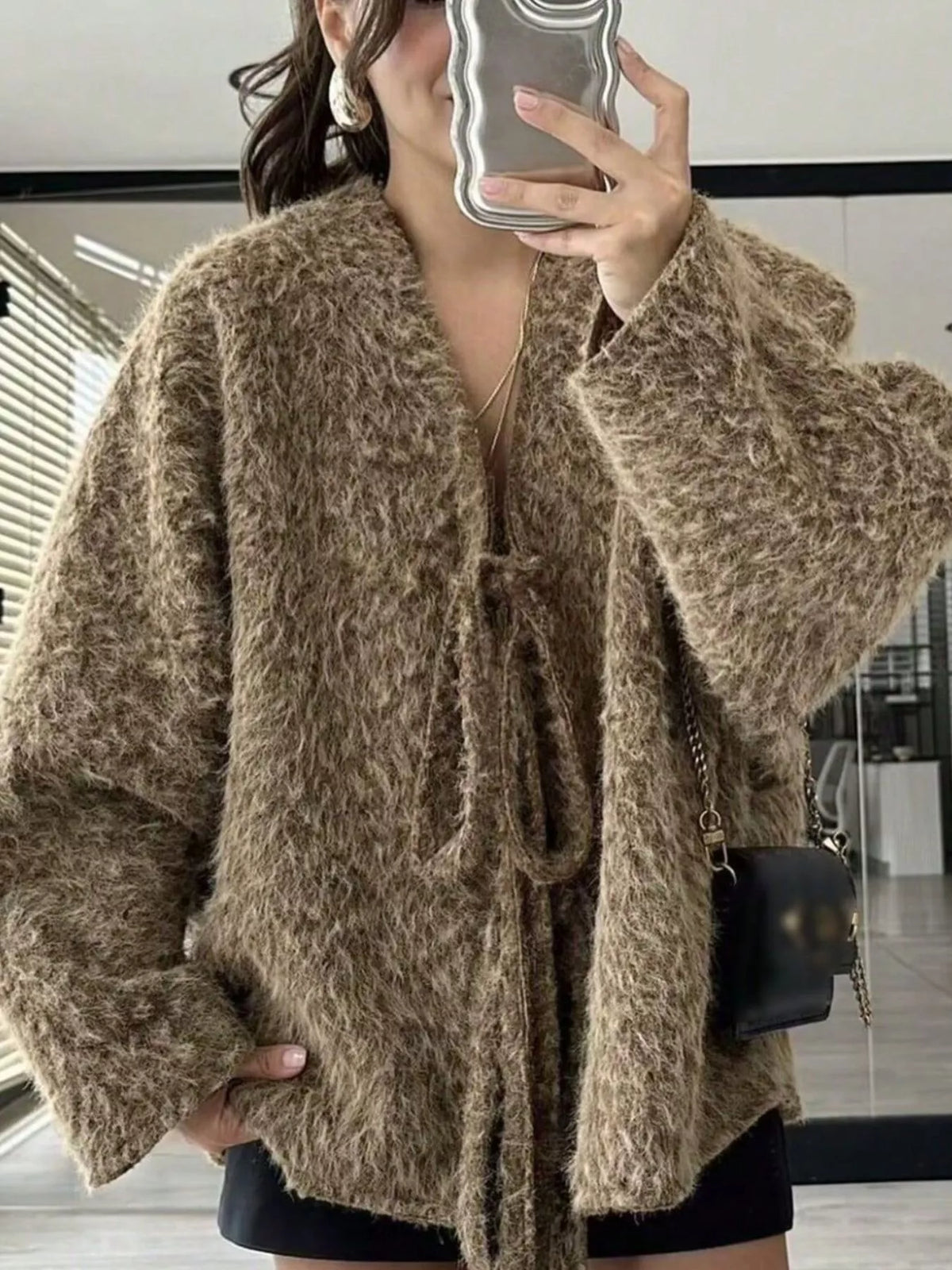Textured knit tie-front cardigan in dark brown with a fuzzy, open-front design.
