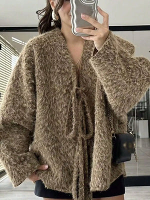 Textured knit tie-front cardigan in dark brown with a fuzzy, open-front design.
