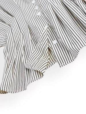 Maternity shirt with black and white stripes, button-down front, and cinched waist detail.