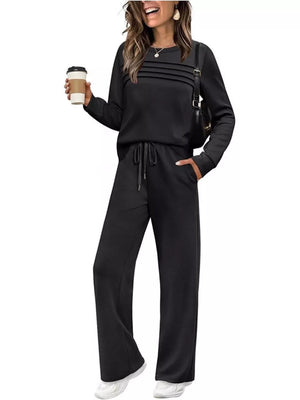 Casual Long Sleeve Crewneck Top & Drawstring Pants Set in Army Green