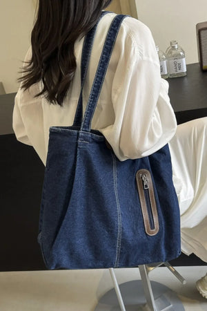Denim shopper bag with leather trim and zipper pocket, dark wash