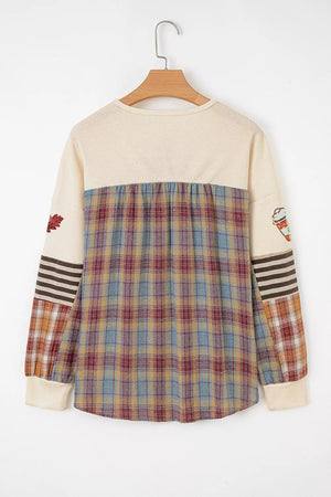 Beige with Sequin Autumn Leaf Coffee Cup Waffle Knit Top in Beige