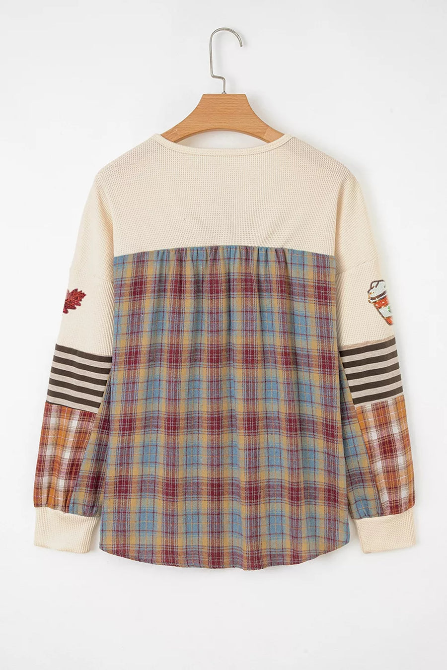 Beige with Sequin Autumn Leaf Coffee Cup Waffle Knit Top in Beige