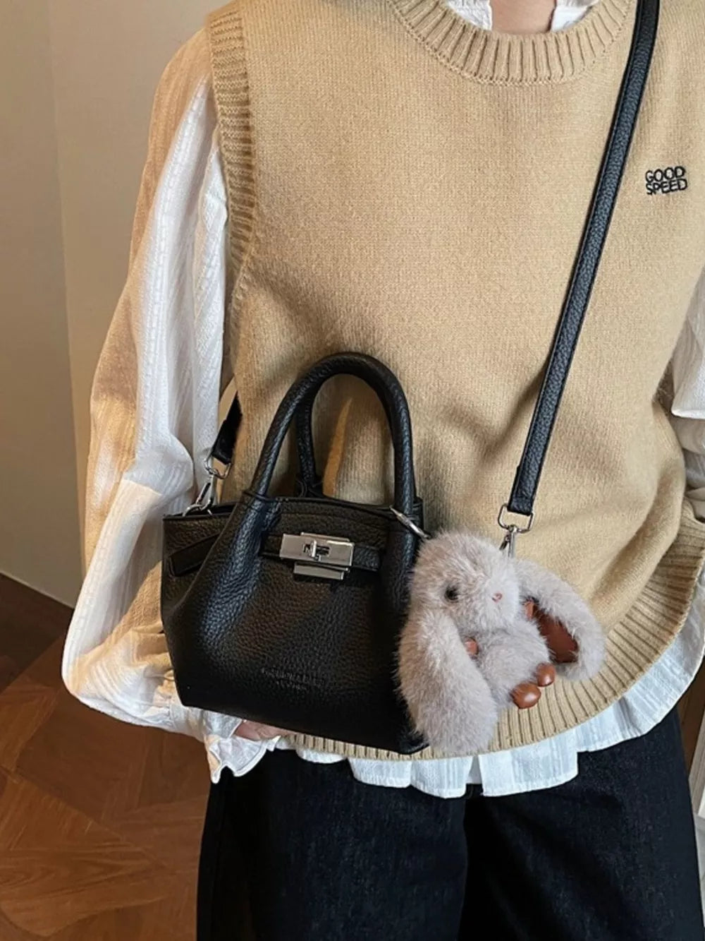 Black Top Handle Leather Crossbody Bag