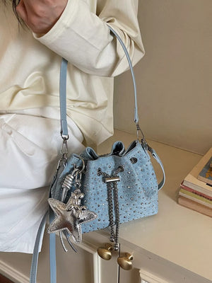 Blue with Drawstring Bucket Crossbody Bag